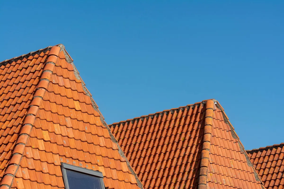Oranje dakpannen tegen blauwe lucht